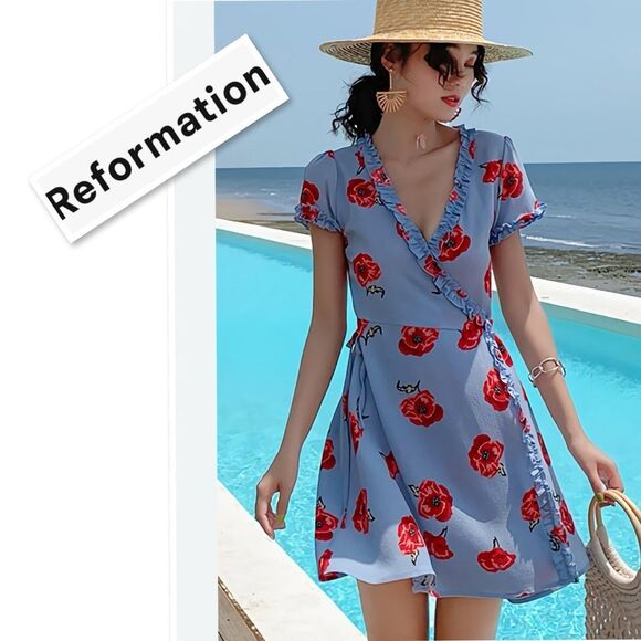 Reformation Garnet Wrap Dress Pelyana V-Neck Floral Print Dress In Blue Ref Sz S - Picture 2 of 16